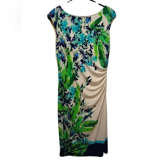 Lauren Ralph Lauren Ladies Pretty Blue Green Floral Ruched Sleeveless Dress 10 - Picture 1 of 3